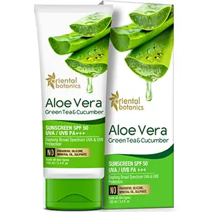 Oriental Botanics Aloe Vera Green Tea & Cucumber Cream Sunscreen SPF 50 100 ml | Infused with Aloe Vera Green Tea & Cucumber | Hydrates & Protects Skin | Cruelty Free & Vegan | Paraben Free