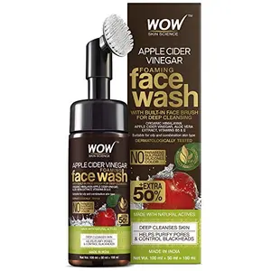 WOW Skin Science Apple Cider Vinegar Foaming Face Wash - with Organic Certified Himalayan Apple Cider Vinegar - No Parabens Sulphate Silicones & Color (with Built-in Brush) - 150mL