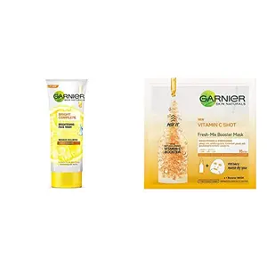 Garnier Skin Naturals Light Complete Facewash 100g and Garnier Skin Naturals Fresh Mix Vitamin C Face Serum Sheet Mask (Orange) 33 g
