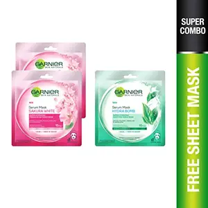 Garnier Skin Naturals Sakura White Face Serum Sheet Mask (Pink) 32g And Garnier Skin Naturals Green Tea Face Serum Sheet Mask (Green) 32g