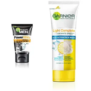 Garnier Men Power White Anti-Pollution Double Action Facewash 100gm And Garnier Skin Naturals Light Complete Duo Action Facewash 100g