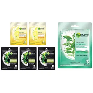 Garnier Skin Naturals Face Serum Sheet Mask (3 Charcoal + 2 Light Complete) (Pack Of 5) 220 (Pack of 5) and Garnier Skin Naturals Green Tea Face Serum Sheet Mask (Green) 32g