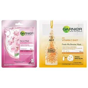 Garnier Skin Naturals Sakura White Face Serum Sheet Mask (Pink) 32g and Garnier Skin Naturals Fresh Mix Vitamin C Face Serum Sheet Mask (Orange) 33 g