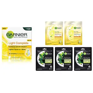 Garnier Skin Naturals Face Serum Sheet Mask (3 Charcoal + 2 Light Complete) (Pack Of 5) 220 (Pack of 5) and Garnier Skin Naturals Light Complete Serum Cream 45g