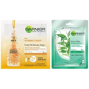 Garnier Skin Naturals Fresh Mix Vitamin C Face Serum Sheet Mask (Orange) 33 g & Garnier Skin Naturals Green Tea Face Serum Sheet Mask (Green) 32g
