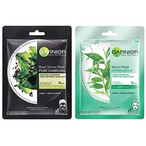 Garnier Skin Naturals Charcoal Face Serum Sheet Mask (Black) 28g & Green Tea Face Serum Sheet Mask (Green) 32g