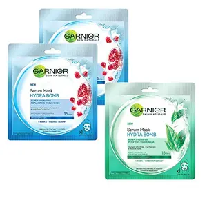 Garnier Skin Naturals Hydra Bomb Face Serum Sheet Mask (Blue) 32g And Garnier Skin Naturals Green Tea Face Serum Sheet Mask (Green) 32g