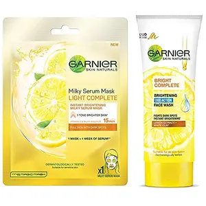 Garnier Skin Naturals Light Complete Face Serum Sheet Mask (Yellow) 30g & Garnier Skin Naturals Light Complete Duo Action Facewash 100g