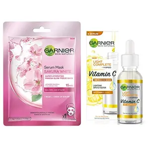 Garnier Skin Naturals Sakura White Face Serum Sheet Mask (Pink) 32g and Garnier Light Complete VITAMIN C Booster Face Serum 30 ml