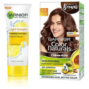 Garnier Skin Naturals Light Complete Facewash 100G And Garnier Color Naturals Cr¨me Hair Color Shade 5.32 Caramel Brown 70ml + 60G