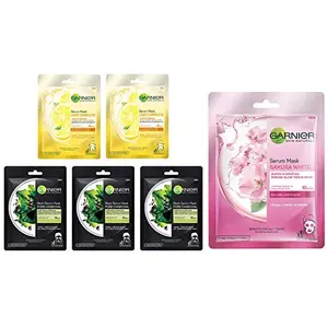 Garnier Skin Naturals Face Serum Sheet Mask (3 Charcoal + 2 Light Complete) (Pack Of 5) 220 (Pack of 5) and Garnier Skin Naturals Sakura White Face Serum Sheet Mask (Pink) 32g