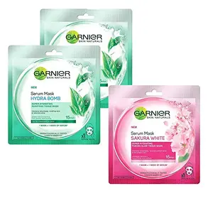 Garnier Skin Naturals Green Tea Face Serum Sheet Mask (Green) 32g And Garnier Skin Naturals Sakura White Face Serum Sheet Mask (Pink) 32g