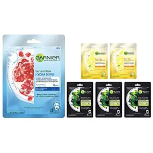Garnier Skin Naturals Face Serum Sheet Mask (3 Charcoal + 2 Light Complete) (Pack Of 5) 220 (Pack of 5) and Garnier Skin Naturals Hydra Bomb Face Serum Sheet Mask (Blue) 32g