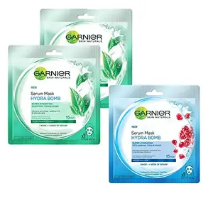 Garnier Skin Naturals Green Tea Face Serum Sheet Mask (Green) 32g And Garnier Skin Naturals Hydra Bomb Face Serum Sheet Mask (Blue) 32g