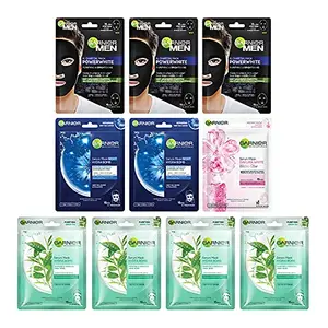 Garnier Face sheet Masks For Men and Women 10pcs | Hydrating Sheet Masks | Green Tea Sakura Deep Sea Water Hyaluronic Acid and Charcoal Face Masks Combo Gift Pack (Pack of 10 Sheet Mask)