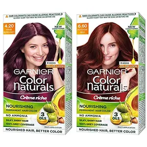 Garnier Color Naturals Creme Hair Color Shade 4.20 Wine Burgundy and Color Naturals Creme Hair Color Shade 6.60 Intense Red 70ml + 60g