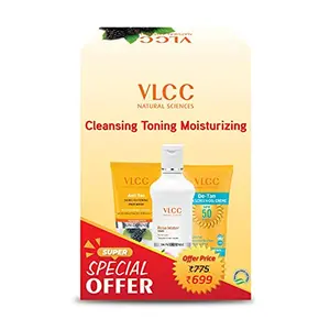VLCC Anti Tan Face Wash (150ml) Rose water toner (100ml) & D-tan SPF 50 Sunscreen (100gm) White