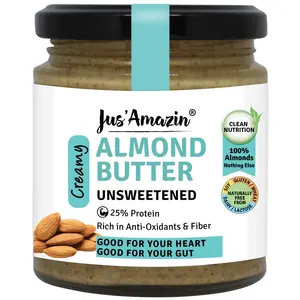 Jus Amazin Creamy Almond Butter - Unsweetened (200g) | 25% Protein | Clean Nutrition |Single ingredient - 100% Almonds | Zero Additives | Vegan & Dairy Free