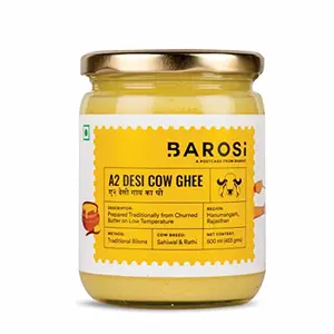 Barosi A2 Desi Cow Ghee 500 ml Produced from Grass fed Desi Cow Milk Aromatic and Pure Bilona Method Sustainable Glass Packaging