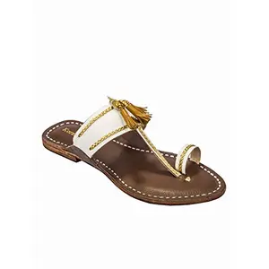 Eyecatching White Upper and Brown Brown Base Yellow Pom-Pom Pointed Kolhapuri Chappal for Women 