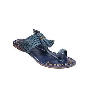 Awesome Six Braided Sky Blue Upper and Dark Blue Base Pointed Kolhapuri Chappal for Women 