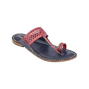 Charming Cherry Red Diamond Punching Upper and Dark Blue Base Authentic Kolhapuri Chappal for Men 