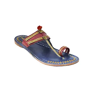 Beautiful Cherry Red Upper and Dark Blue Base with Golden Braids Kolhapuri Chappal for Men 