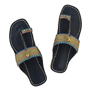 Finest Quality Blue Base and Jari Noticeable T Kolhapuri Leather Sandal 