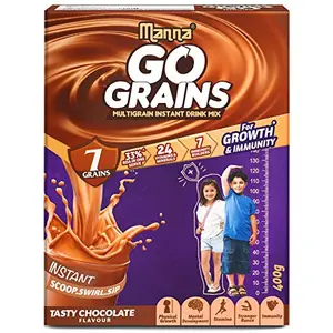 Manna Go Grains | 800g | Pack of 2 | Chocolate | Health and Nutrition drink for Kids | Multigrain Malted Drink for Growth & Immunity. High Protein | 7 Immunity builders | 24 Vitamins and Minerals for Growth