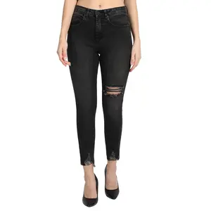 Lorem Ginzo Slim Fit Jeans for Women   Distressed strech denim black jeans