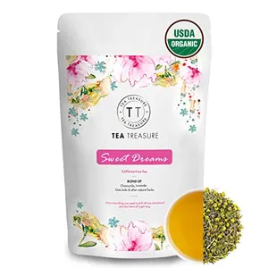 TeaTreasure Sweet Dreams Tea - 100 gm - USDA Certified Organic Chamomile & Lavender with Other Natural Herbs - Caffeine Free Calming Tea relieves Anxiety & Stress.