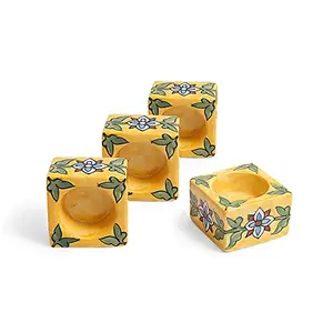 Kirat Creations Blue Pottery T-Light Candle Holder | Home Decor Gift Item | Yellow - Set of 4