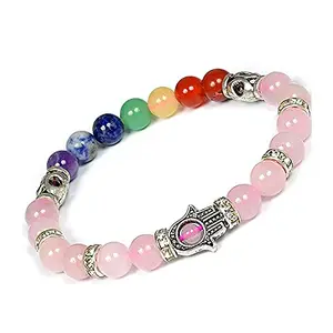 Natural 7 Chakra with Rose Quartz Bracelet Crystal Stone Bracelet Combination Hamsa Charm Bracelet 8 mm Round Beads (Color : Multi)