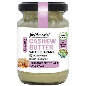 Jus Amazin Creamy Cashew Butter – Salted Caramel (125g) | 17.5% Protein | Clean Nutrition | 75% Cashewnuts | Organic Jaggery | No Refined Sugar | Zero Chemicals | Vegan & Dairy Free | 100% Natural