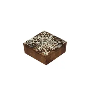 Silkrute Floral Carved Square Shape Wooden Block Stamp Print | Fabric Print | DIY Craft (Pack of 1)