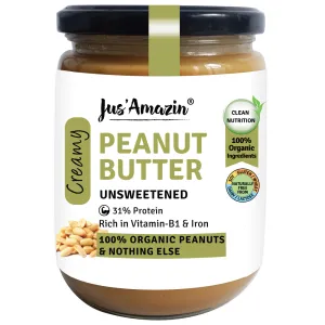 Jus' Amazin Creamy Organic Peanut Butter All Natural - Unsweetened (500g) | 100% Organic Ingredients Vegan & Keto