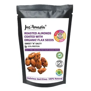 Jus' Amazin Roasted Almonds Coated with Organic Flax Seeds - Sweet 'N' Salty (35g *6) Pack of 6 each 35 Grams | 22% Protein | 100% Natural | Vegan | Dairy Free | Free