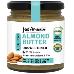Jus Amazin CRUNCHY Almond Butter - Unsweetened (200g) | 25.5% Protein | Clean Nutrition | Single Ingredient - 100% Almonds | Zero Additives | Vegan & Dairy Free