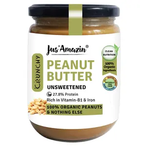 Jus Amazin CRUNCHY Organic Peanut Butter - Unsweetened (500g) | 28% Protein | Clean Nutrition | Single Ingredient - 100% Organic Peanuts | Zero Additives | Vegan &  Dairy Free