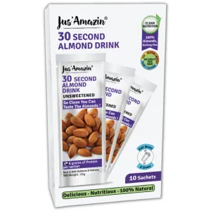 Jus Amazin 30-Second Almond Drink - Unsweetened (10X25g Sachets) | High Protein (6g per sachets) | 1 Sachet makes 1 glass of Almond Drink | Clean Nutrition | Single Ingredient - 100% Almonds |  Zero Additives | Vegan & Dairy Free