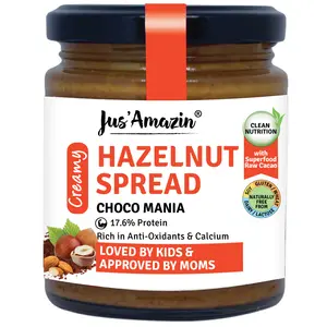 Jus Amazin Creamy Hazelnut Spread - Choco Mania (200g) | 18% Protein | Clean Nutrition | 4X less sugar and 3X more Protein | 80% Nuts (Hazelnuts + Almonds + Cashews) |  Superfood Raw Cacao | No Refined Sugar | Zero Chemicals | Vegan & Dairy Free | 100% Na