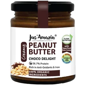 Jus Amazin Creamy Organic Peanut Butter – Choco Delight (200g) | 26.7% Protein | Clean Nutrition | 82% Organic Peanuts | Superfood Raw Cacao | No Refined Sugar | Zero Chemicals | Vegan &  Dairy-Free | 100% Organic