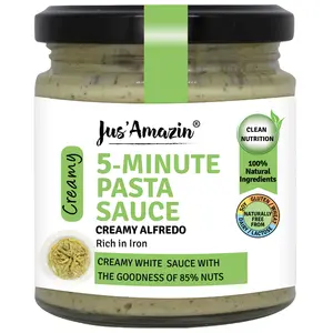 Jus Amazin 5-Minute Pasta Sauce - Creamy Alfredo (200g) | Only 5 Ingredients, 100% Natural | Clean Nutrition | 85% Nuts (Cashew nuts & Almonds) | Rich in Iron | Zero Additives | Vegan & Dairy Free