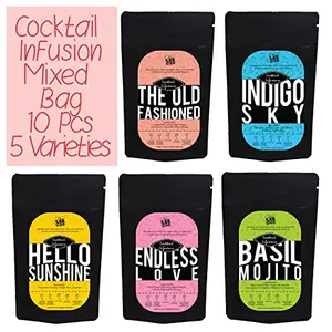 The Tea Trove Zero Calorie Mixed Box Drink Infusion - 10 Cocktail Mix Infusion Bags of 5 Different Flavors for Gin and Tonic Mocktail Vodka & Cocktail Mixer for Bartending Enthusiasts- Bar Gift Set