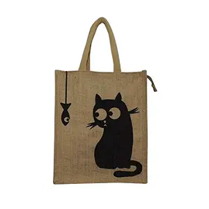 ALOKIK Wen's Multipurpose Reusable Cat Print Tote Jute Bag (Brown & Black)