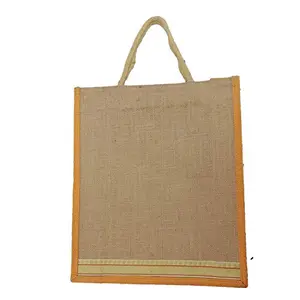 ALOKIK Laminated Lunch Jute Bags With Brocade Lace For Unisex With Zipper (Beige & Yellow)