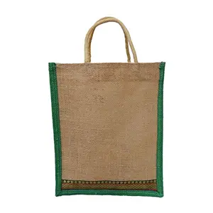 Satyamani Alokik Laminated Lunch Jute Bags With Brocade Lace For Unisex With Zipper (Beige & Green)
