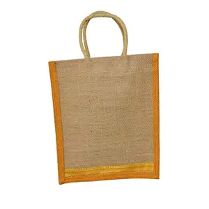ALOKIK Laminated Lunch Jute Bags With Green Brocade Lace For Unisex With Zipper (Beige & Yellow)