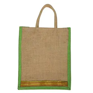 SATYAMANI ALOKIK Wen's Laminated Jute Lunch Bags with Brocade and Zipper (Beige and Green)