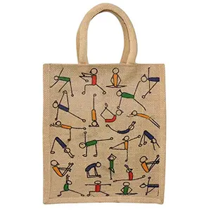 ALOKIK Laminated Jute Bags With Yoga Prints For Unisex With Zipperr (Beige Small)